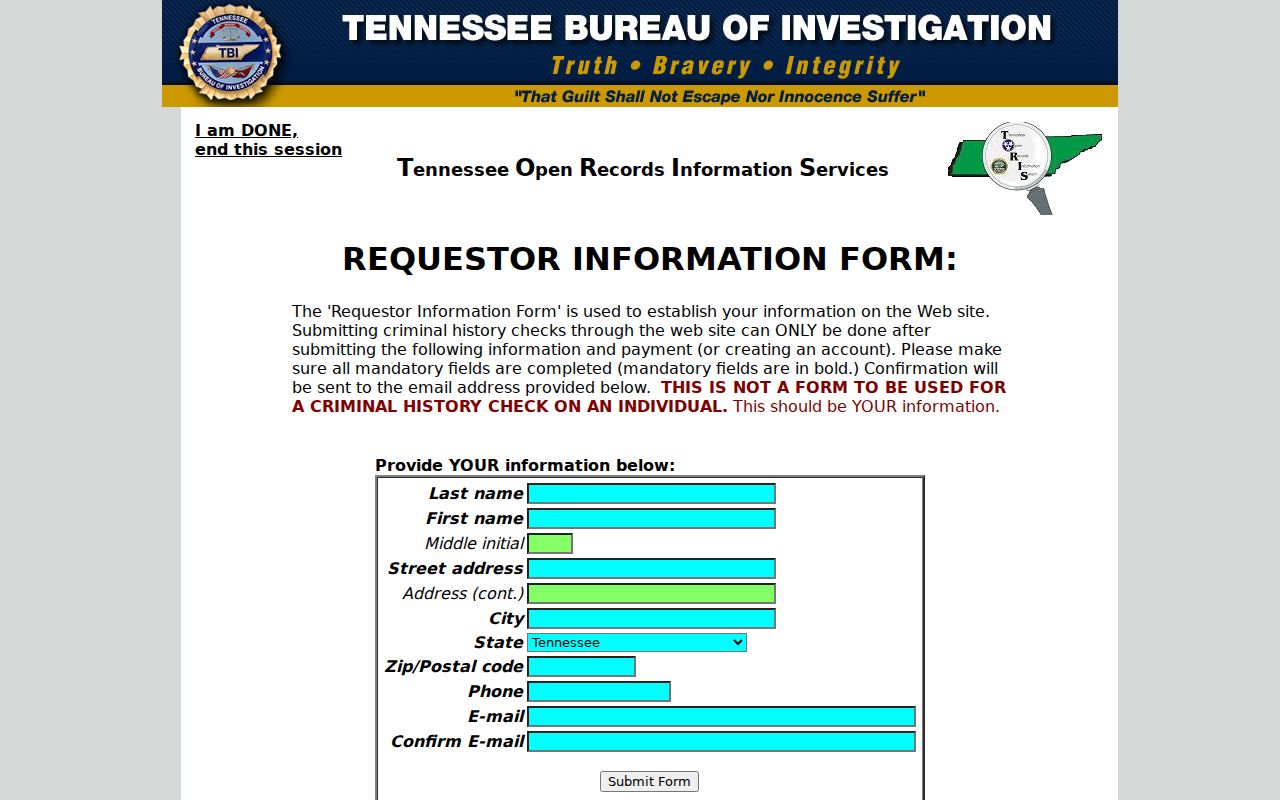 TORIS requestor form used for Tennessee and Union County arrest history