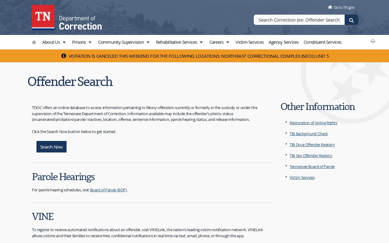 Tennessee FOIL information for Union County felony custody records